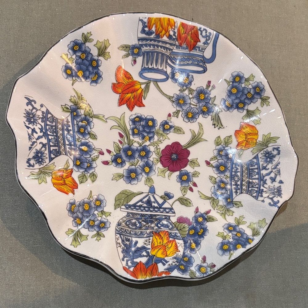 Floral Decorative Scalloped edged Plate with Blue and Orange Accents